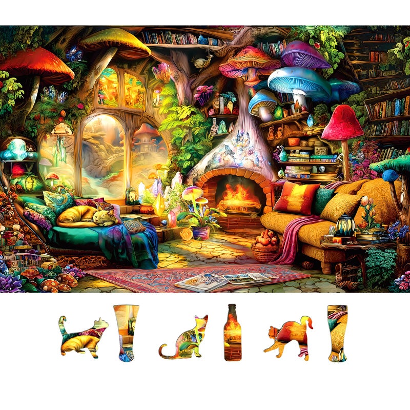Blueforest Fantasy Mushroom House Jigsaw Puzzle 500 Pieces Cozy Interior Scene with Fireplace - Image 3