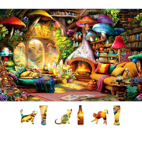 Blueforest Fantasy Mushroom House Jigsaw Puzzle 500 Pieces Cozy Interior Scene with Fireplace - Image 1