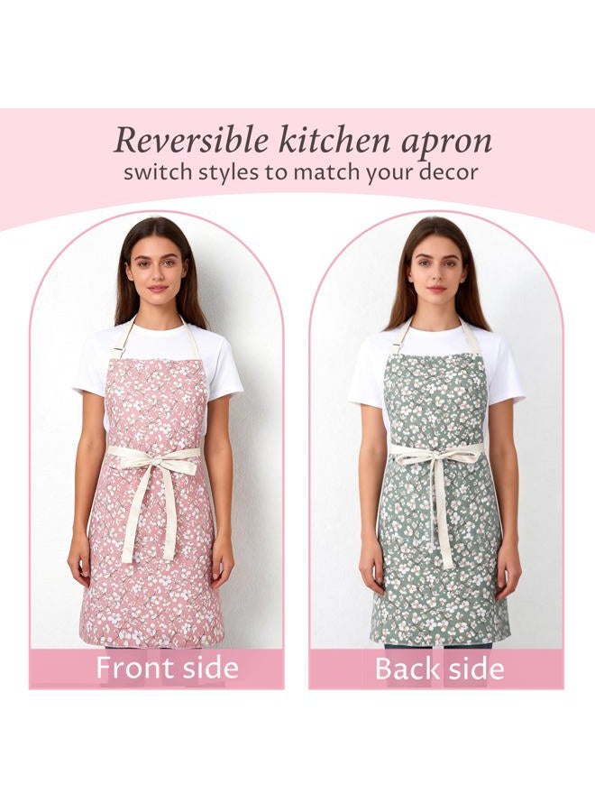 Aoomzoon Kitchen Aprons for Women with 2 Pockets,Double Sided Vintage Adjustable Apron for Gardening Cooking Arting Painting (Pink/Green) - Image 2