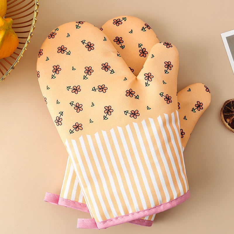 Pastoral Style Thickened Heat Insulation Gloves Oven Baking Polyester Cotton Wear-resistant Microwave Gloves Kitchen Anti-scalding Gloves in Stock Pink Flower Pink Flower