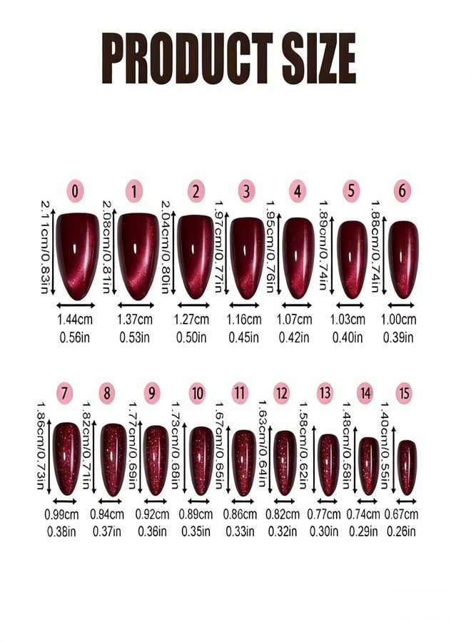 ROKHEVN Red Cat Eye Press on Nails Medium Almond Fake Nails Solid Color Design Stick on Nails Bling Glitter False Nails Glossy Acrylic Glue on Nails for Women Nails Art Decoration 30pcs - Image 3