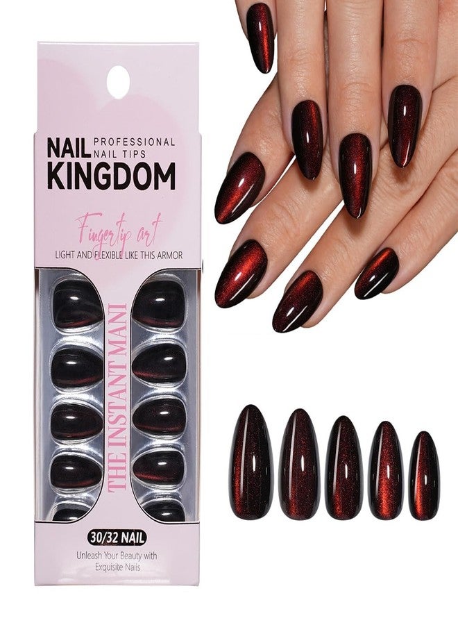 ROKHEVN Red Cat Eye Press on Nails Medium Almond Fake Nails Solid Color Design Stick on Nails Bling Glitter False Nails Glossy Acrylic Glue on Nails for Women Nails Art Decoration 30pcs - Image 1