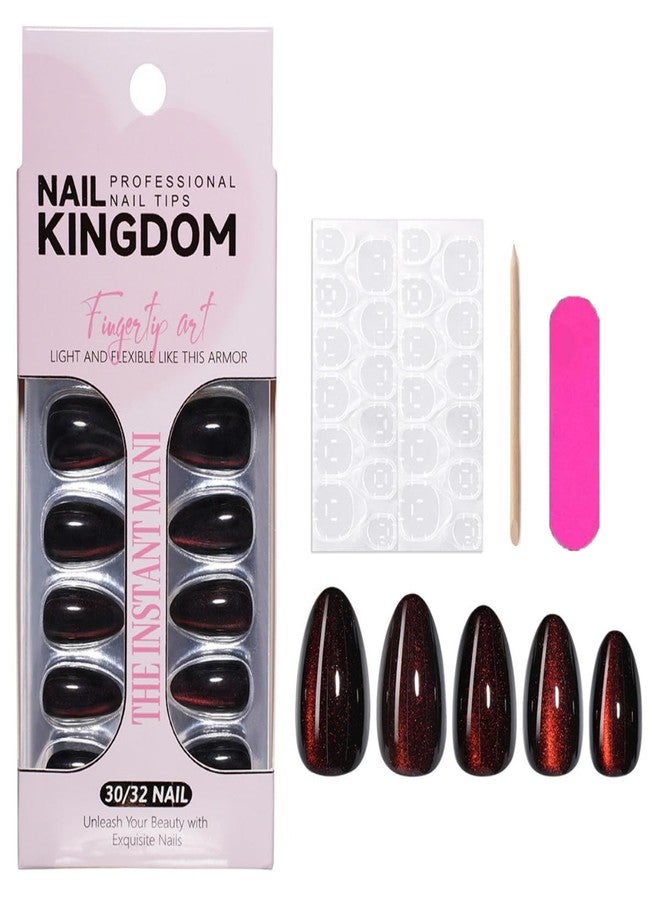 ROKHEVN Red Cat Eye Press on Nails Medium Almond Fake Nails Solid Color Design Stick on Nails Bling Glitter False Nails Glossy Acrylic Glue on Nails for Women Nails Art Decoration 30pcs - Image 2