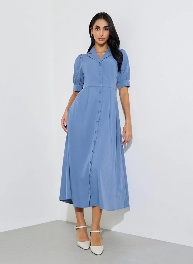 ستايلي Blue Lapel Collar Short Puff Sleeves Shirt Maxi Dress