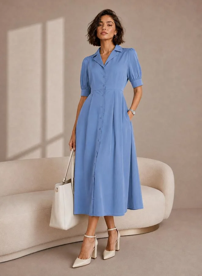 ستايلي Blue Lapel Collar Short Puff Sleeves Shirt Maxi Dress