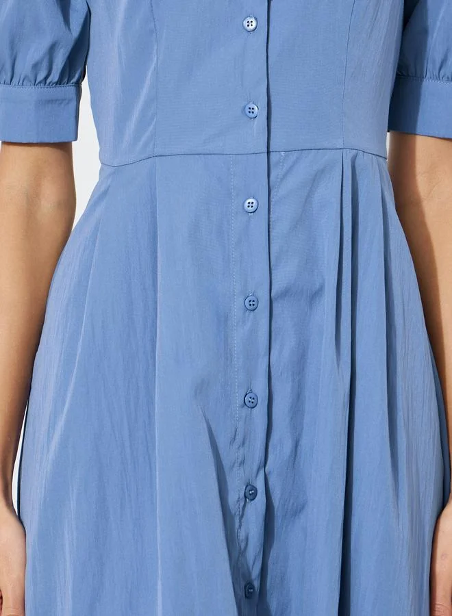 Styli  Blue Lapel Collar Short Puff Sleeves Shirt Maxi Dress for Women | Best Price UAE