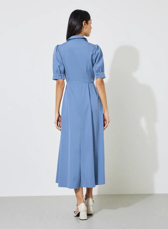 Styli  Blue Lapel Collar Short Puff Sleeves Shirt Maxi Dress for Women | Best Price UAE