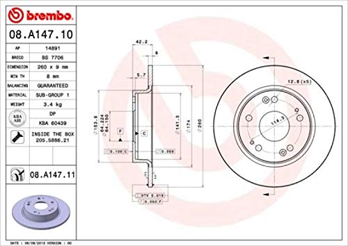 Brembo بريمبو 08.A147.11 طبل الفرامل الخلفي الصلب المغلف بالأشعة فوق البنفسجية أكورا/تشيمو/هوندا/هوندا (دونغفنغ) رقم OE# 42510SMGE20 - Image 2