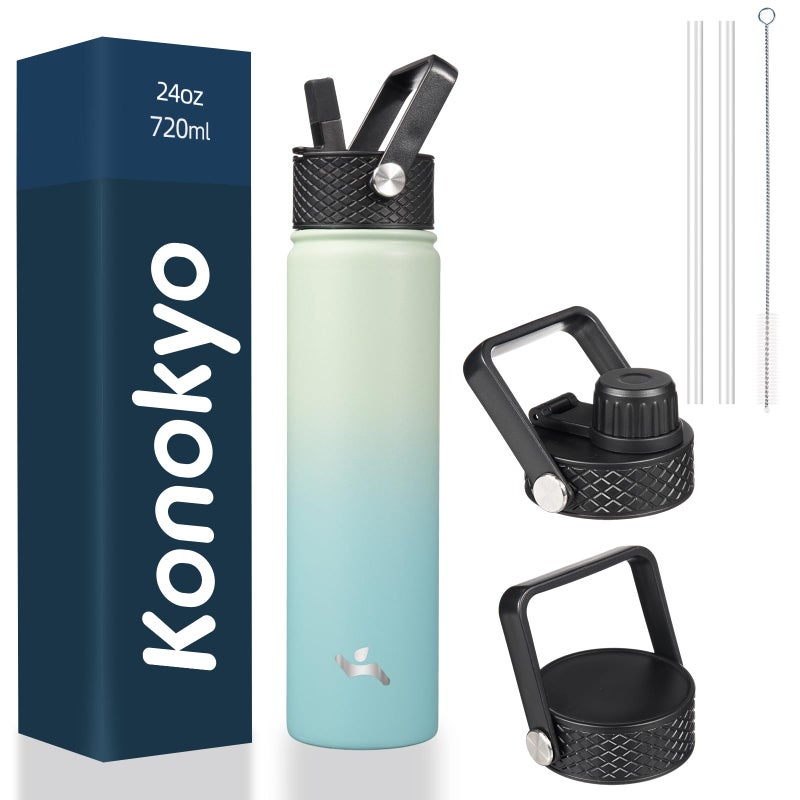 Konokyo Insulated Water Bottle 24oz Stainless Steel Sport Bottles with 3 Lids,Mint - Image 1