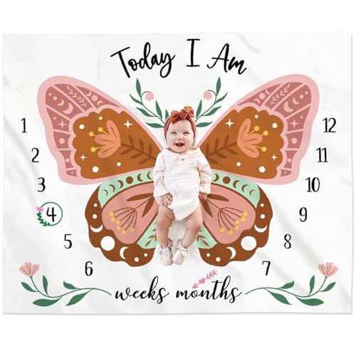 Gicoherero Boho Baby Blanket Butterfly Monthly Milestone Bohemian Floral Girl Photo Prop Sage Green and Pink Blanket Ideas for Personalized Baby Stuff Shower Newborn Decorations Nursery Gift Decor Mom - Image 1