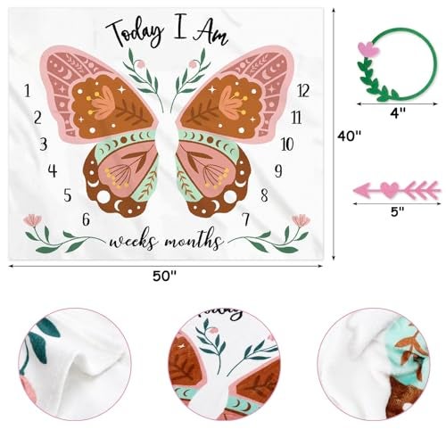 Gicoherero Boho Baby Blanket Butterfly Monthly Milestone Bohemian Floral Girl Photo Prop Sage Green and Pink Blanket Ideas for Personalized Baby Stuff Shower Newborn Decorations Nursery Gift Decor Mom - Image 4