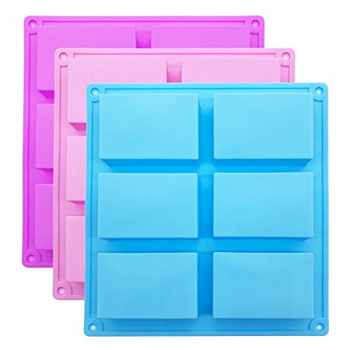 QPEY Silicone Soap Molds, 6 Cavity Rectangle Molds for Craft Soap, Cake, Chocolate & Ice Cube Trays - Set of 3 (Blue, Purple & Pink) - Image 1