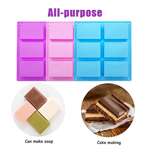 QPEY Silicone Soap Molds, 6 Cavity Rectangle Molds for Craft Soap, Cake, Chocolate & Ice Cube Trays - Set of 3 (Blue, Purple & Pink) - Image 5