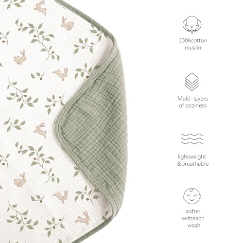 Konssy Muslin Baby Blankets for Girls Boys, 100% Cotton Crib Blanket for Baby Infant Toddler, Super Soft and Lightweight Nursery Blankets 40"x36"（Rabbit - Image 3