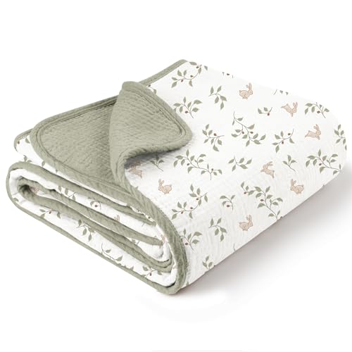 Konssy Muslin Baby Blankets for Girls Boys, 100% Cotton Crib Blanket for Baby Infant Toddler, Super Soft and Lightweight Nursery Blankets 40"x36"（Rabbit - Image 1