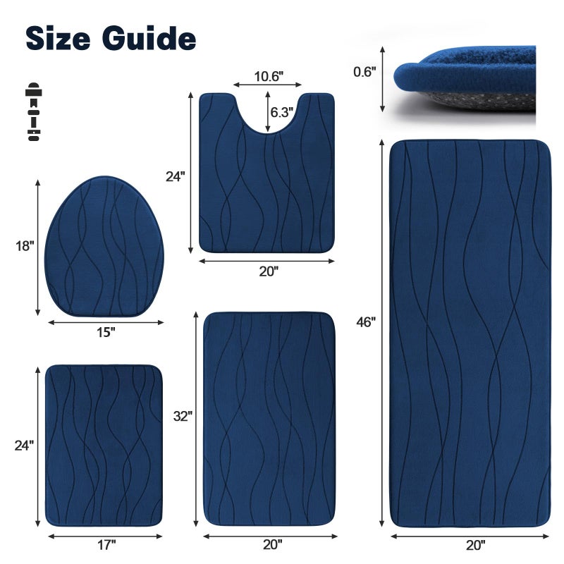 YIHOUSE Memory Foam Blue Bathroom Rug Sets 5 Piece, Ultra Absorbent Bath Mat for Bathroom - Non-Slip Machine Washable & Dry Quickly, 5 Piece Bathroom Mat Set, Navy Blue - Image 2