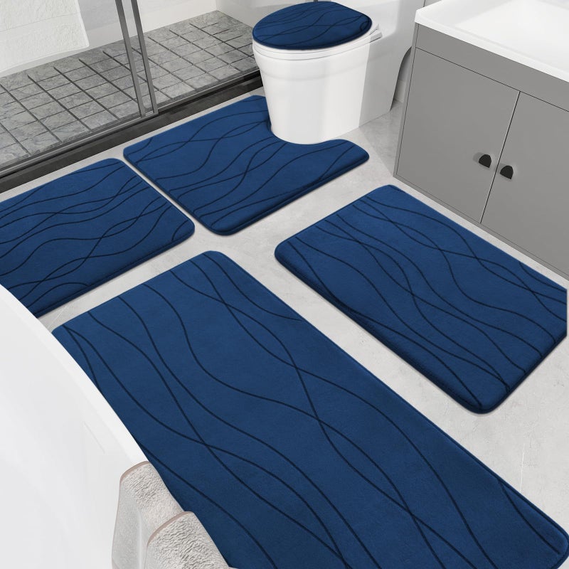 YIHOUSE Memory Foam Blue Bathroom Rug Sets 5 Piece, Ultra Absorbent Bath Mat for Bathroom - Non-Slip Machine Washable & Dry Quickly, 5 Piece Bathroom Mat Set, Navy Blue - Image 1