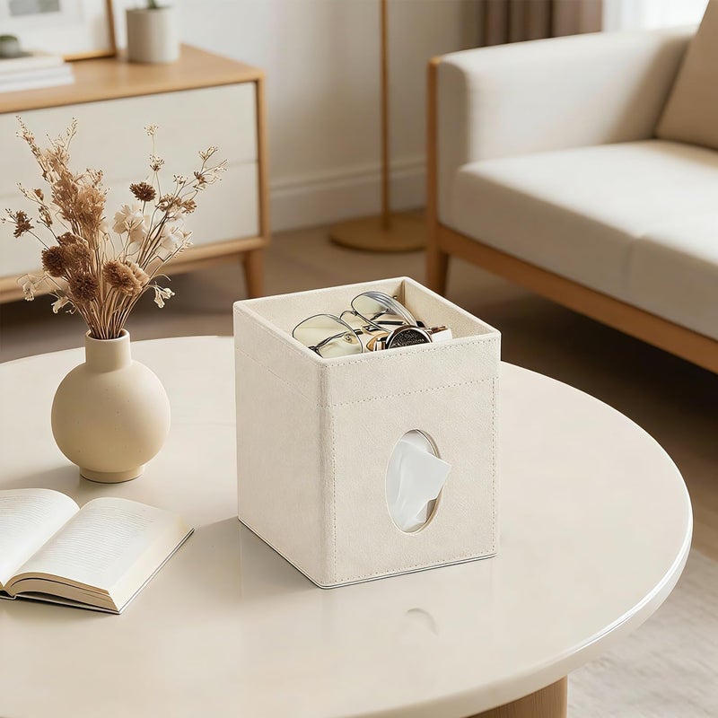 Angju Tissue Box Cover, PU Leather Square Tissue Box Holder with Storage Tray for Bathroom Vanity Countertop Night Stands Bedroom Office Desk, Stylish Tissue Holder Decorative Organizer (Linen) - Image 2