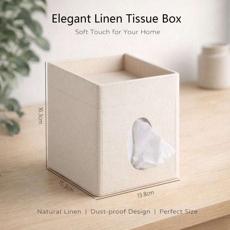 Angju Tissue Box Cover, PU Leather Square Tissue Box Holder with Storage Tray for Bathroom Vanity Countertop Night Stands Bedroom Office Desk, Stylish Tissue Holder Decorative Organizer (Linen) - Image 3