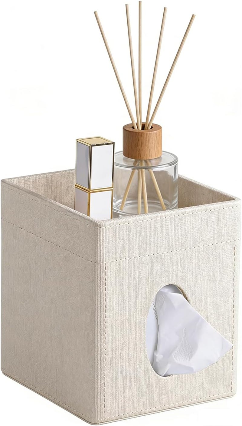 Angju Tissue Box Cover, PU Leather Square Tissue Box Holder with Storage Tray for Bathroom Vanity Countertop Night Stands Bedroom Office Desk, Stylish Tissue Holder Decorative Organizer (Linen) - Image 1