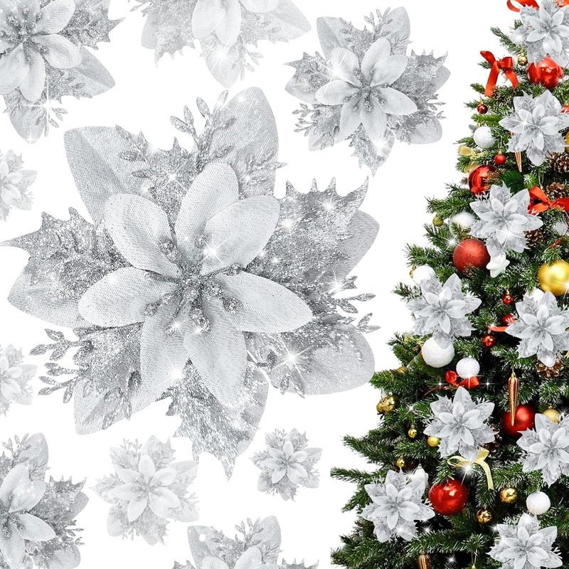 MEMOVAN Silver Poinsettia Flower with Clips 12PCS Artificial Poinsettia Flowers Picks Poinsettia Christmas Ornaments Xmas Tree Wreaths Garland Flower Decor for New Year Stairs Fireplace Porch Balcony - Image 1
