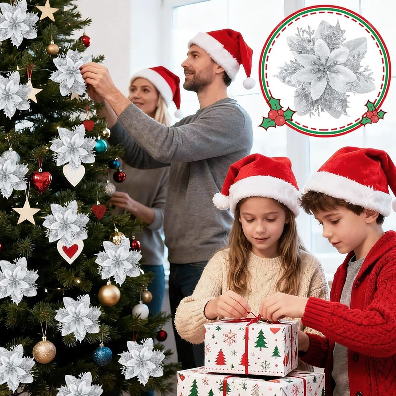 MEMOVAN Silver Poinsettia Flower with Clips 12PCS Artificial Poinsettia Flowers Picks Poinsettia Christmas Ornaments Xmas Tree Wreaths Garland Flower Decor for New Year Stairs Fireplace Porch Balcony - Image 4