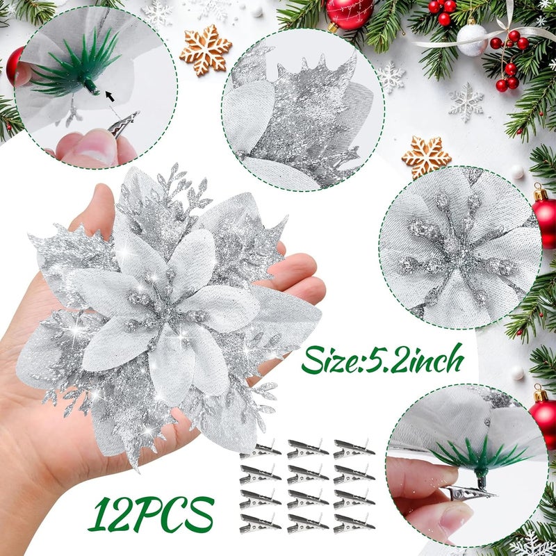 MEMOVAN Silver Poinsettia Flower with Clips 12PCS Artificial Poinsettia Flowers Picks Poinsettia Christmas Ornaments Xmas Tree Wreaths Garland Flower Decor for New Year Stairs Fireplace Porch Balcony - Image 2