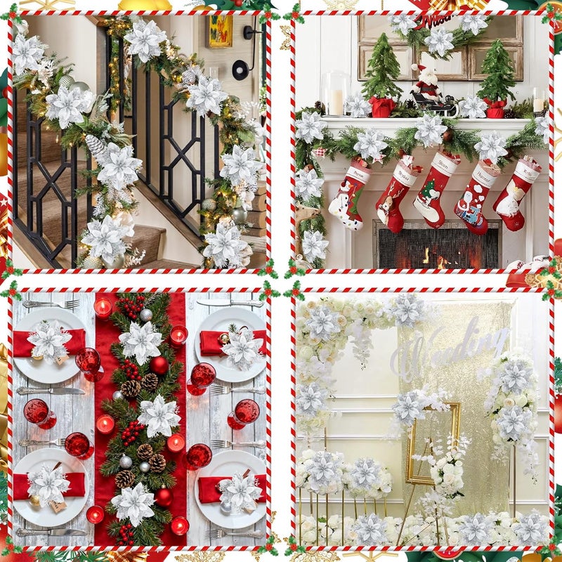 MEMOVAN Silver Poinsettia Flower with Clips 12PCS Artificial Poinsettia Flowers Picks Poinsettia Christmas Ornaments Xmas Tree Wreaths Garland Flower Decor for New Year Stairs Fireplace Porch Balcony - Image 5