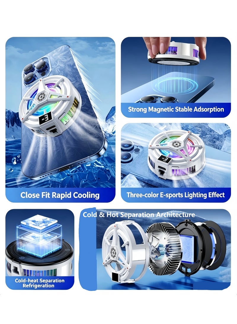 FlyDigi Protable Mobile Phone Cooler, 3-Speed Magnetic Cellphone Radiator with Temperature Display&Light, Rechargeable Phone Cooling Fan with Semi-Conductor Cooling Chip for Mobile Gaming Live Streaming ( White ) - Image 3