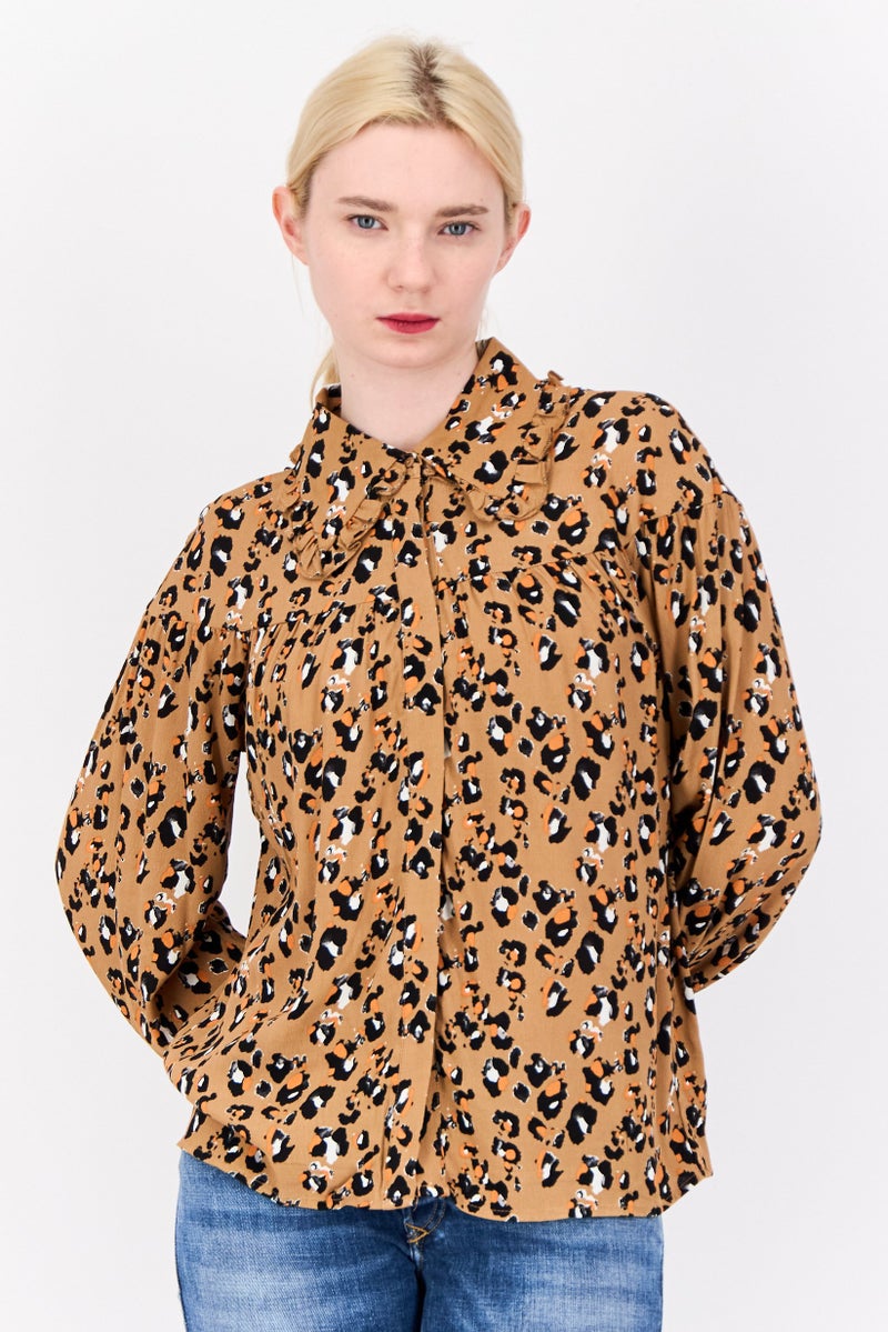 Vila Women Spread Collar Long Sleeves Animal Print Shirt, Multicolor  - Image 1