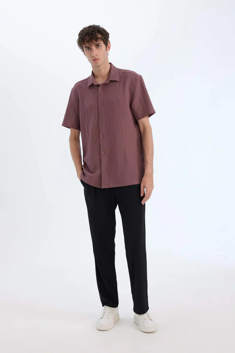 ديفاكتو Regular Fit Polo Collar Crinkle Short Sleeve Shirt