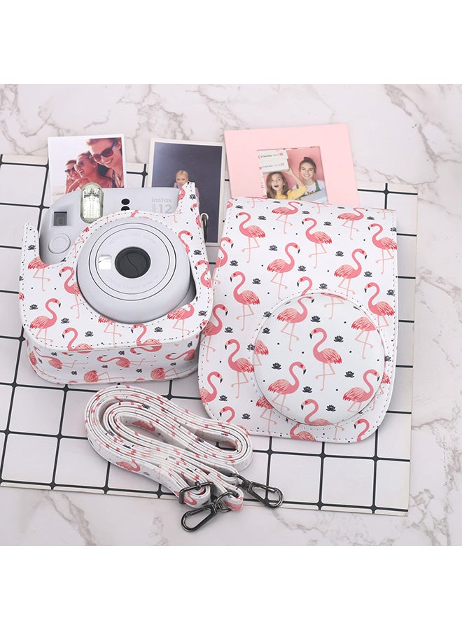 Case for Fujifilm Instax Mini 11/12 Case PU Leather Instant Camera Cover with Adjustable Strap - Flamingo White