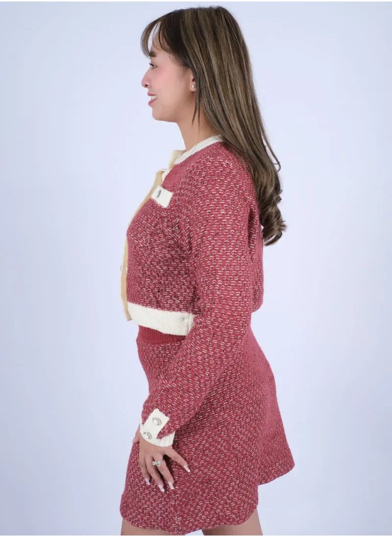 ONLY - Women’s Double Breasted Long Sleeves Knit Set Dress in Ruby Wine - Image 1