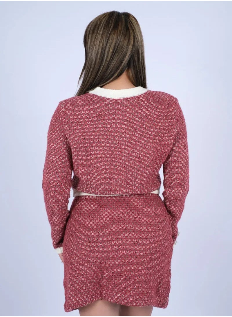 ONLY - Women’s Double Breasted Long Sleeves Knit Set Dress in Ruby Wine - Image 1