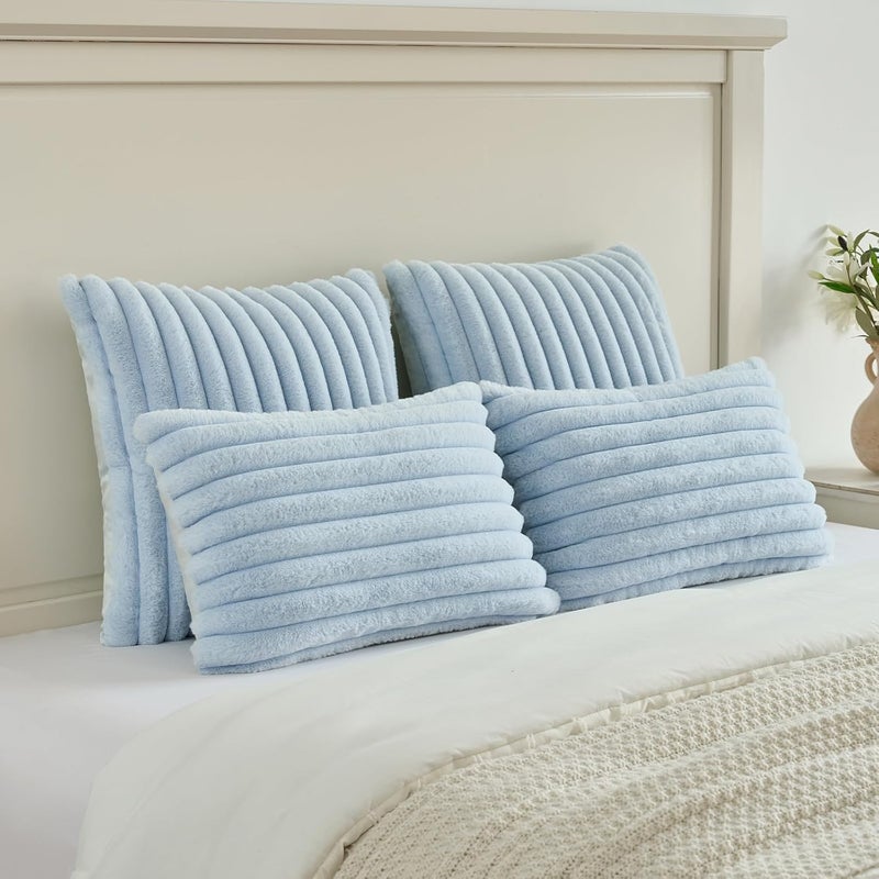 FUTEI Pack of 2 Fluffy Faux Fur Throw Pillow Covers 16x16 Inch Elegant Striped Textured Decorative Cushion Cases Modern Accent Pillow for Couch Bed Living Room, Light Blue - Image 5