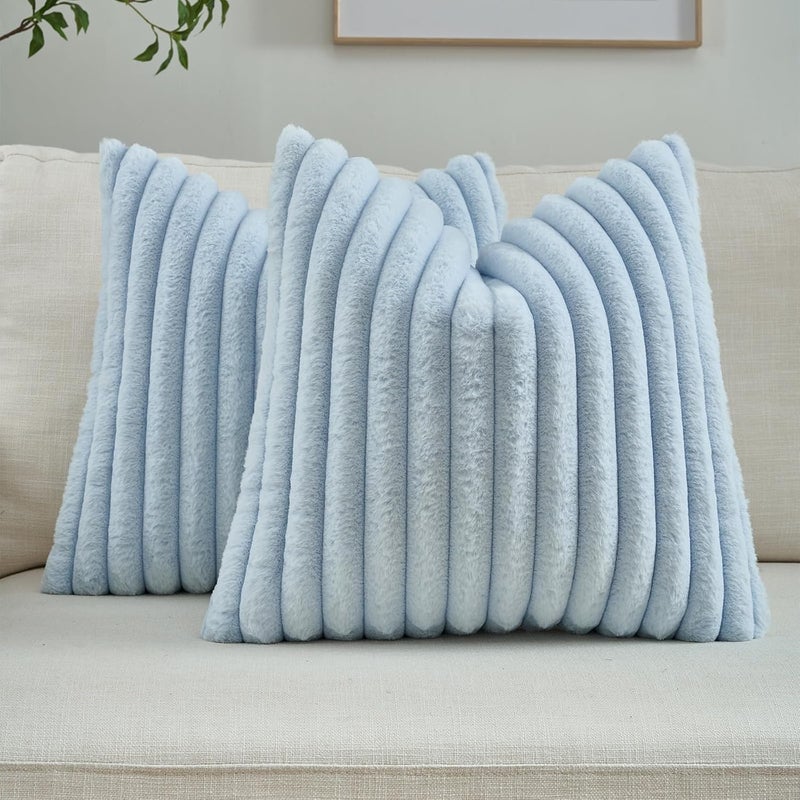 FUTEI Pack of 2 Fluffy Faux Fur Throw Pillow Covers 16x16 Inch Elegant Striped Textured Decorative Cushion Cases Modern Accent Pillow for Couch Bed Living Room, Light Blue - Image 1
