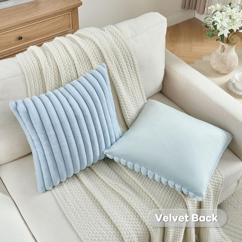 FUTEI Pack of 2 Fluffy Faux Fur Throw Pillow Covers 16x16 Inch Elegant Striped Textured Decorative Cushion Cases Modern Accent Pillow for Couch Bed Living Room, Light Blue - Image 4