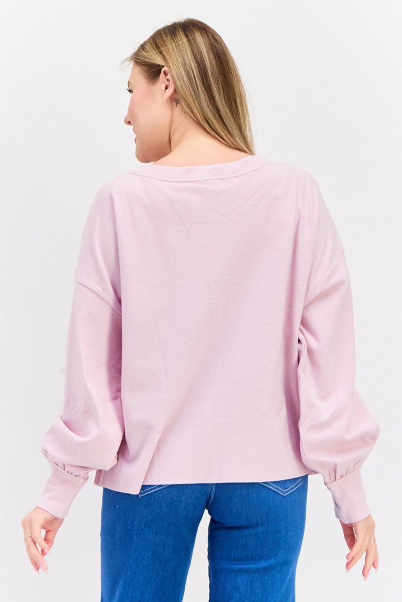 NIA Women Crew Neck Long Sleeve Textured Sweatshirt, Pink - Image 3