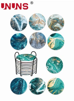 UNUNS Absorbent Coaster Sets Of 10,Round Coasters Set With Holder,Ocean Design Drink Coasters For Tabletop Protection,4 Inches,Ceramic Coasters  - Image 1