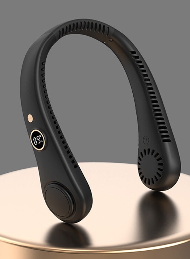 هاف دريم مروحة تعليق للرقبة بشاشة رقمية LED، مروحة صغيرة صامتة عالية الطاقة تعمل بالرياح USB للطلاب والرياضيين في الهواء الطلق - لون أسود - Image 1