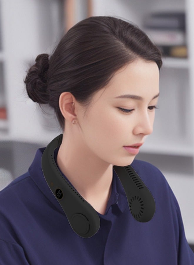 هاف دريم مروحة تعليق للرقبة بشاشة رقمية LED، مروحة صغيرة صامتة عالية الطاقة تعمل بالرياح USB للطلاب والرياضيين في الهواء الطلق - لون أسود - Image 2