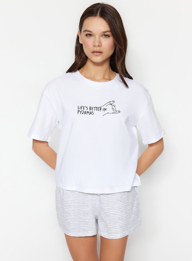 trendyol White Cotton Striped Slogan Printed Shorts Knitted Pajama Set - Image 1