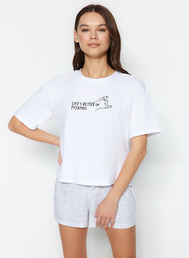 trendyol White Cotton Striped Slogan Printed Shorts Knitted Pajama Set - Image 2