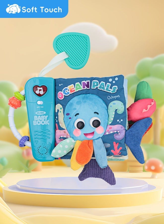 سوفت تاتش كتاب قماشي للأطفال مع موسيقى، كتاب لمس وإحساس للأطفال، ألعاب موسيقية للأطفال، ألعاب مونتيسوري لحديثي الولادة، كتاب أنشطة قماشي ناعم ثلاثي الأبعاد لوقت الاستلقاء على البطن، لعبة تنمية مبكرة للأطفال من عمر 6 إلى 12 شهرًا - Image 1
