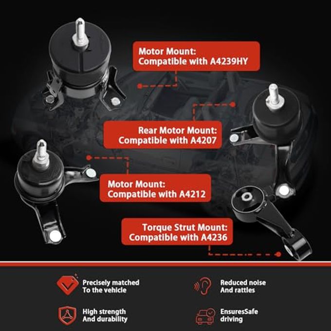 QRYIPPDM Engine Motor and Transmission Mount Kit Compatible with 2004-2006 ES330 3.3L V6 &2004-2006 Camry 3.3L V6 & 2004 2005 2006 2007 2008 Solara 3.3L V6 AUTO 4PCS OE: A4239HY A4236 A4212 A4207 - Image 5