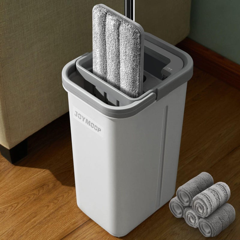 JOYMOOP مجموعة ممسحة ودلو JOYMOOP مع جهاز عصر ممسحة مسطحة خالية من اليدين ودلو مع 5 وسادات ميكروفايبر قابلة للغسل للاستخدام الرطب والجاف نظام تنظيف الأرضيات