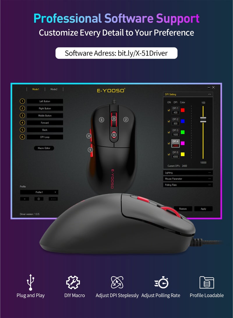 E-YOOSO X-51 Wired Gaming Mouse – Ultra Lightweight,Ergonomic Design, 400-4000 DPI Adjustable, 6 Programmable Buttons, Ergonomic Design for PC/Mac and Laptop-Black - Image 4