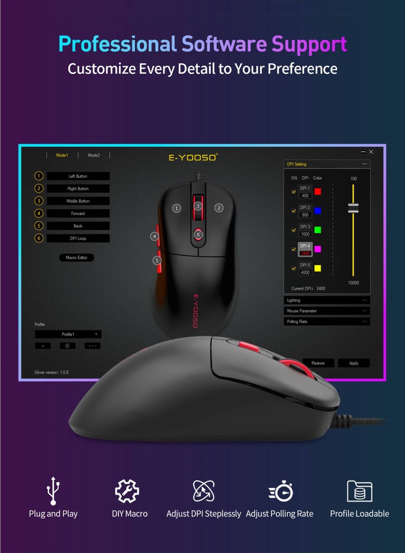 E-YOOSO X-51 Wired Gaming Mouse - Ultra Lightweight 6 Programmable Buttons, 400-4000 DPI Adjustable, Ergonomic Gaming Mouse for PC, Mac, Laptop - Black - Image 4