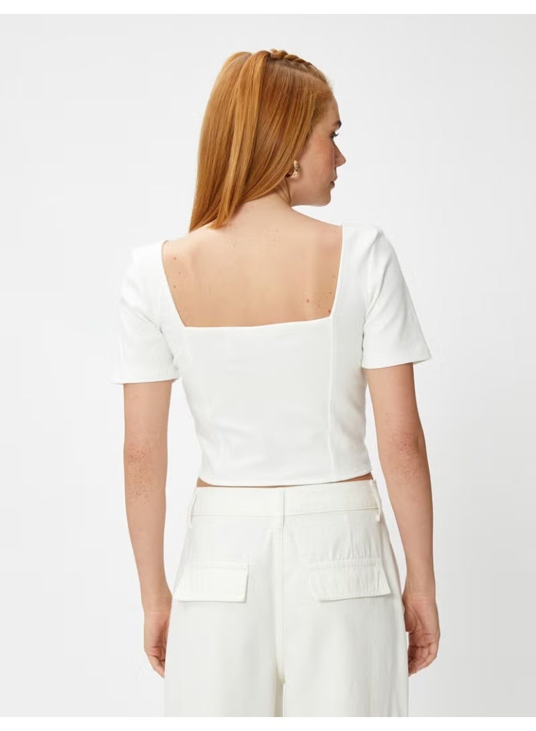 KOTON Crop T-Shirt Corset Detailed Square Neck - Image 4