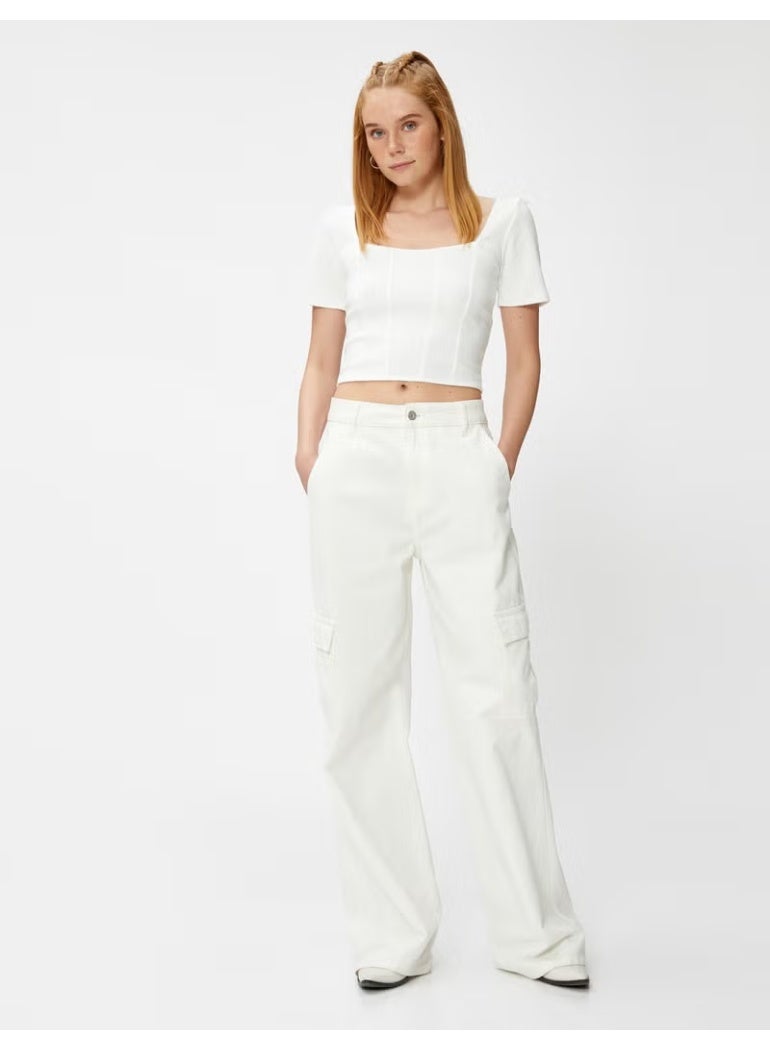 KOTON Crop T-Shirt Corset Detailed Square Neck - Image 2